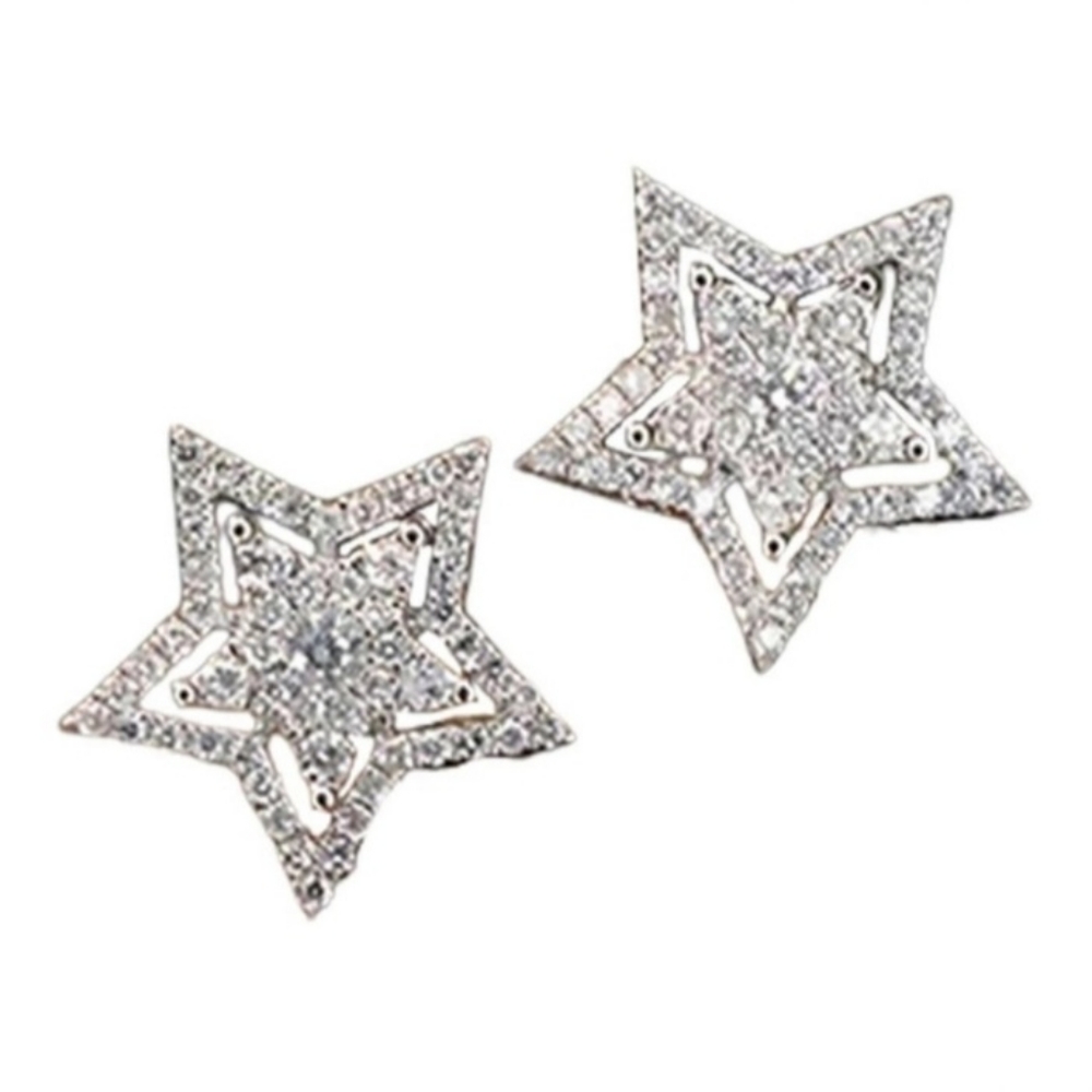 Diamond Star Burst Silver Stud Earrings - Picture 9 of 12